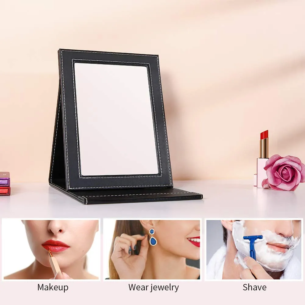 Folding Mirror Portable Travel PU Portable Adjustable Rectangular Ultrathin Vanity Mirror with Stand, for Travel, Camping,Home