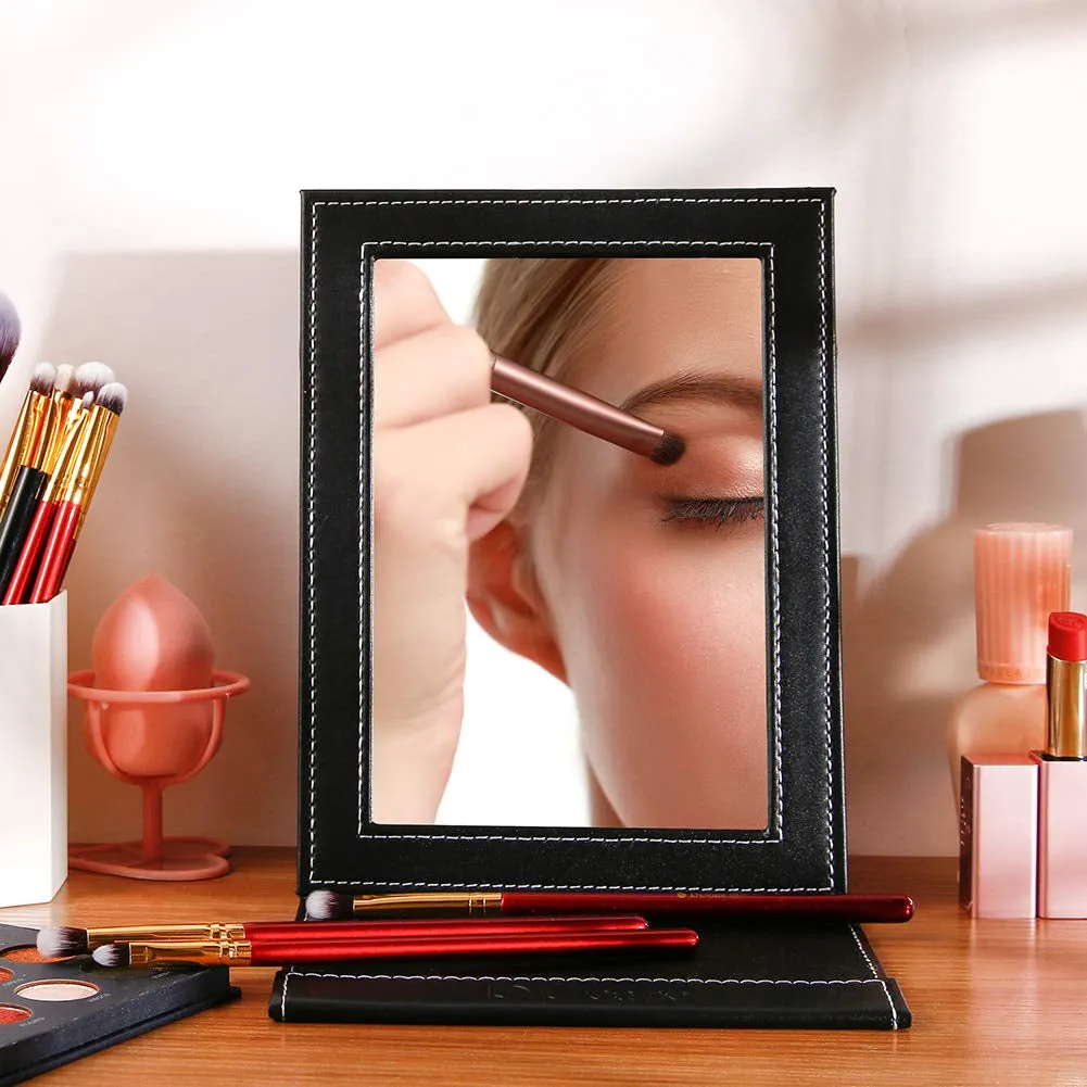 Folding Mirror Portable Travel PU Portable Adjustable Rectangular Ultrathin Vanity Mirror with Stand, for Travel, Camping,Home