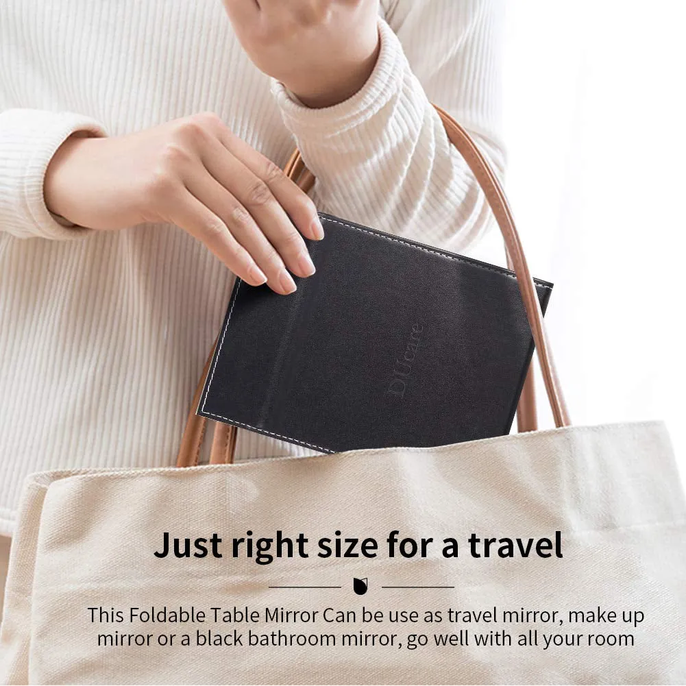 Folding Mirror Portable Travel PU Portable Adjustable Rectangular Ultrathin Vanity Mirror with Stand, for Travel, Camping,Home