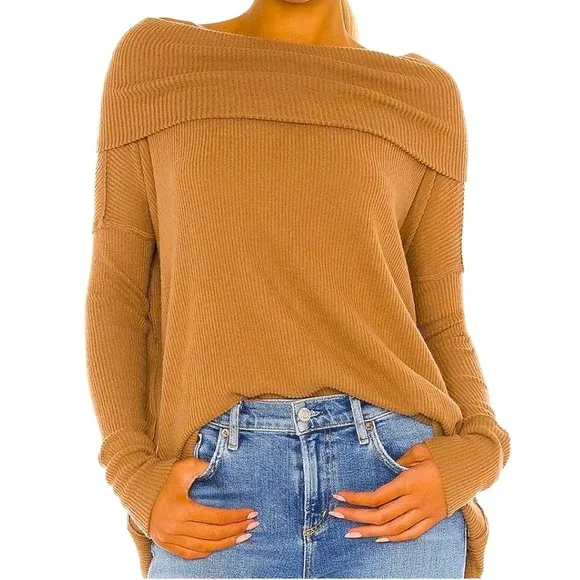 FREE PEOPLE JUICY LONG SLEEVE WAFFLE COWL NECK SWEATER COLOR CANYON MOON SIZE M