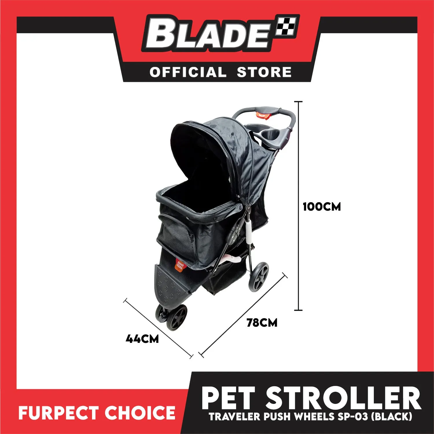 Furfect Choice Foldable 3-Wheeled Travel Stroller For Dog And Cat Accessories SP-03 (Black)