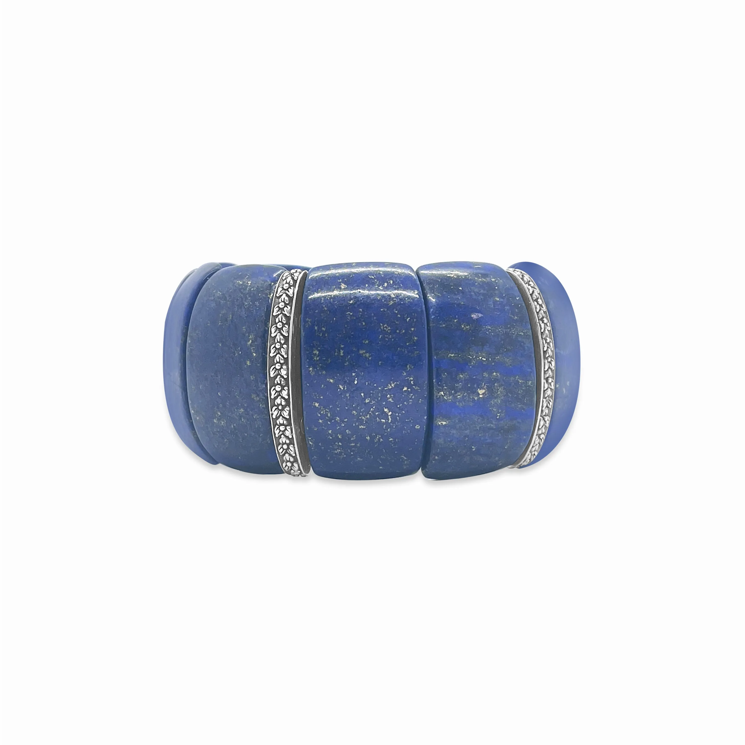 Garden of Stephen Lapis Slip-On Bracelet with Flower Engraved Sterling Silver Spacers