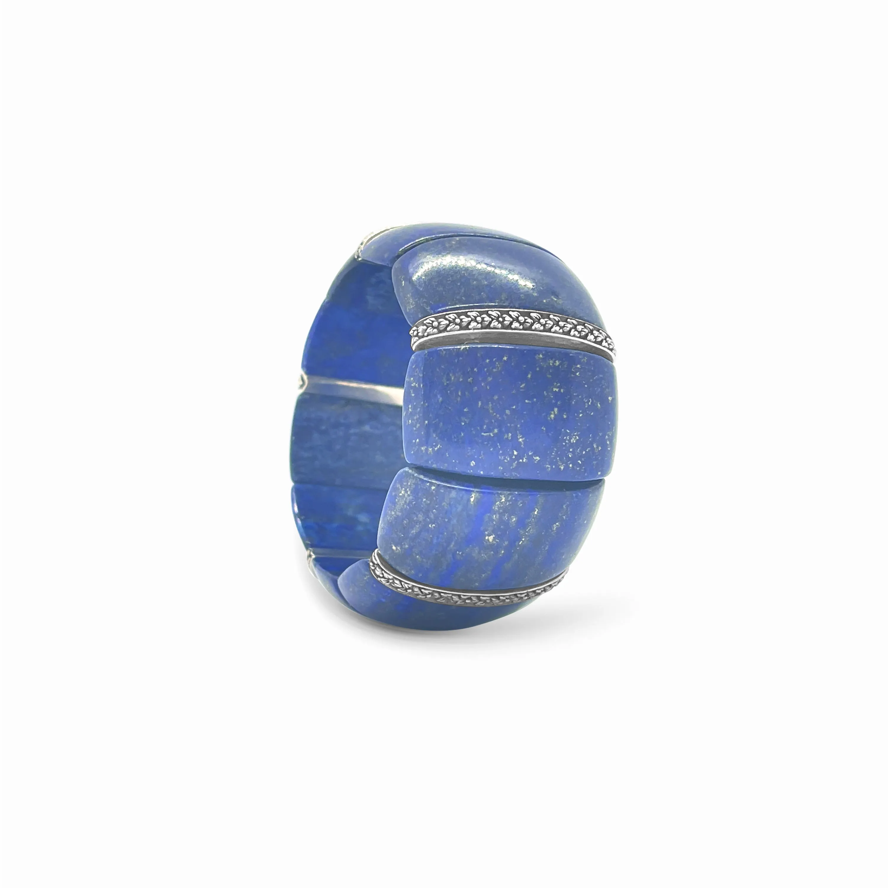 Garden of Stephen Lapis Slip-On Bracelet with Flower Engraved Sterling Silver Spacers