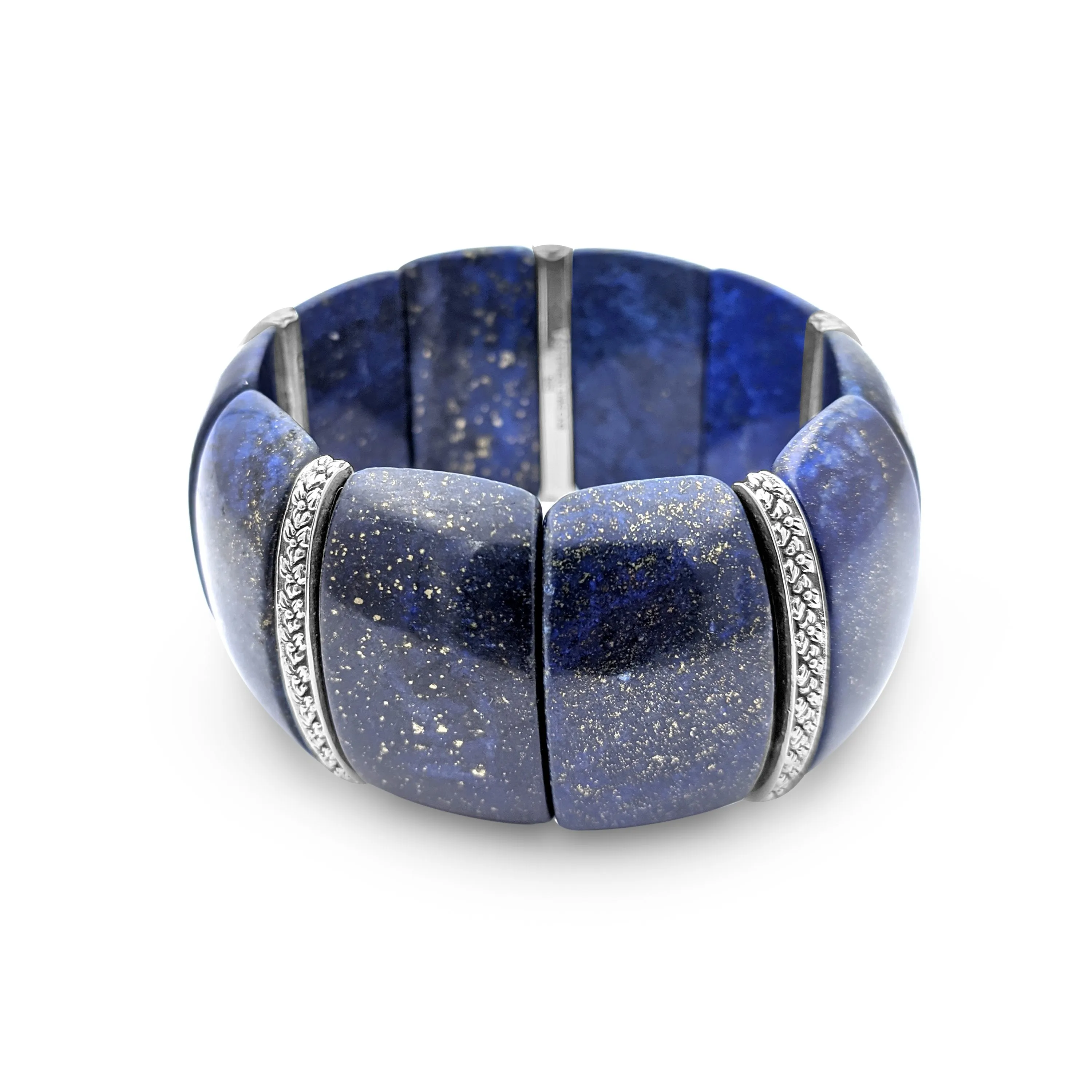 Garden of Stephen Lapis Slip-On Bracelet with Flower Engraved Sterling Silver Spacers
