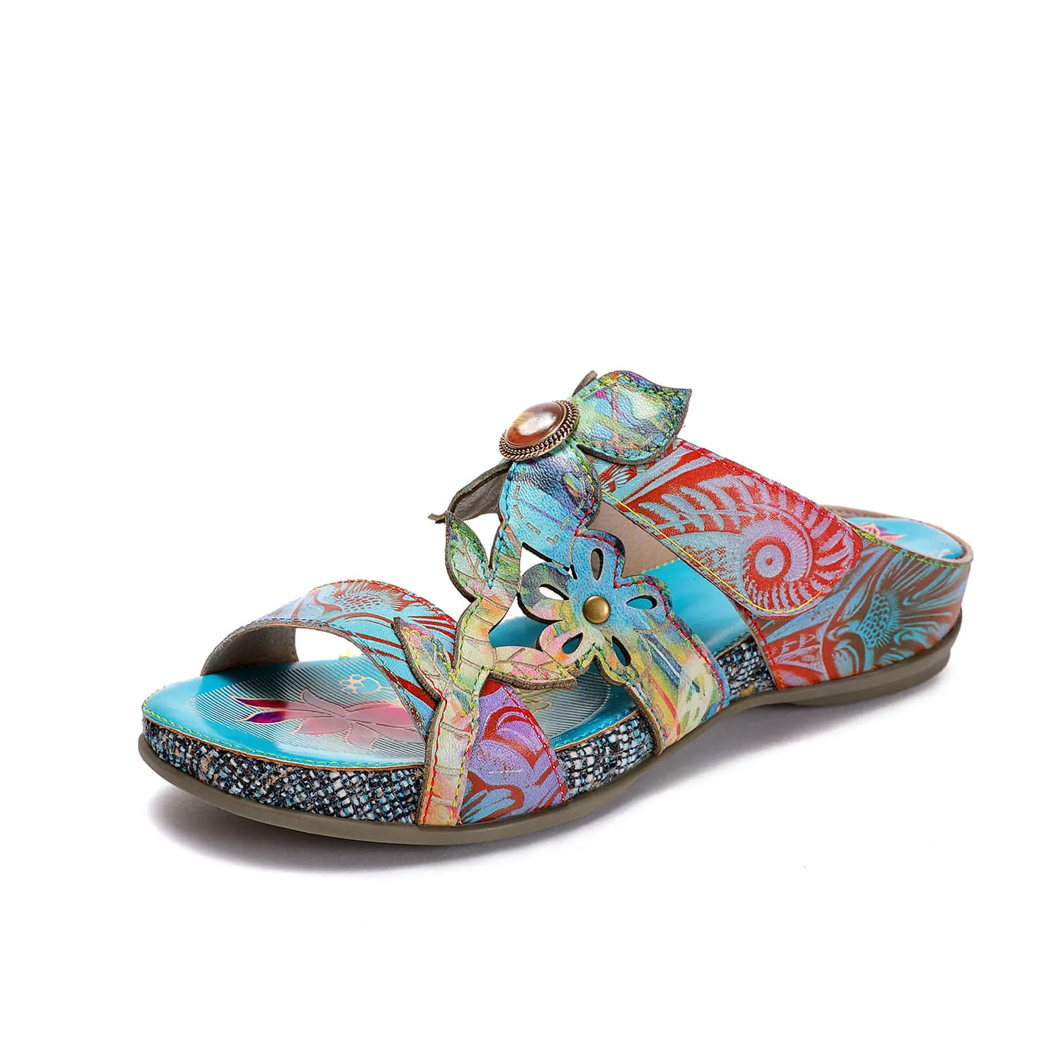 Genuine Leather Tie-Dye Garden Print Elegant Sandals Slides - Soffia