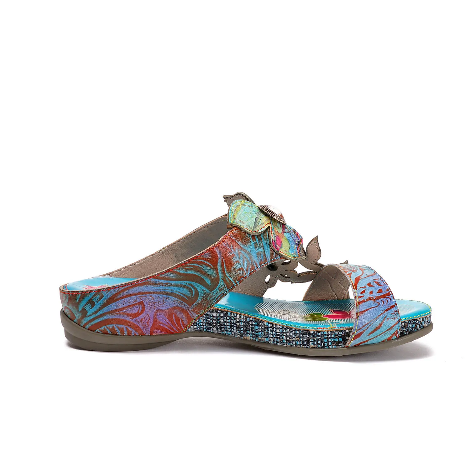 Genuine Leather Tie-Dye Garden Print Elegant Sandals Slides - Soffia