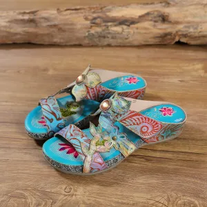 Genuine Leather Tie-Dye Garden Print Elegant Sandals Slides - Soffia