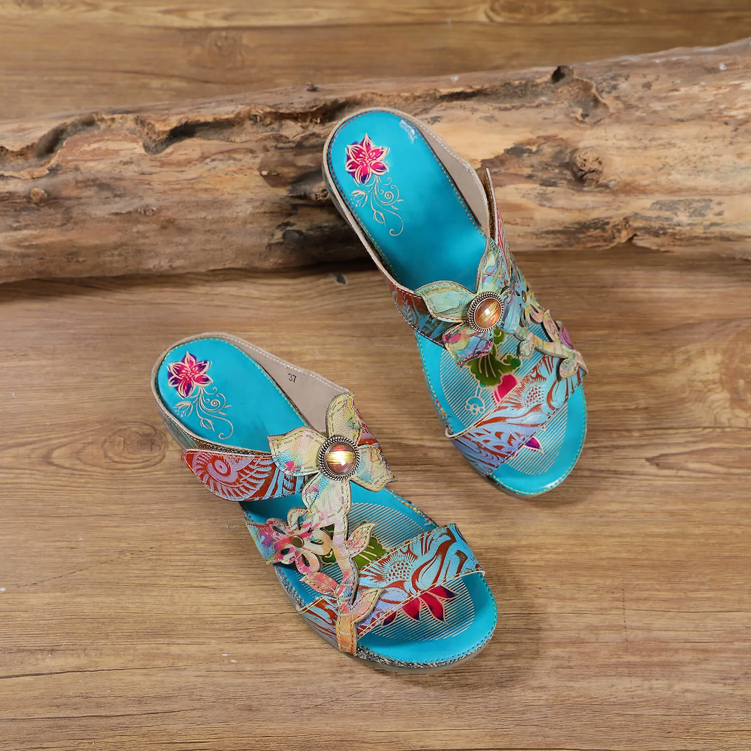 Genuine Leather Tie-Dye Garden Print Elegant Sandals Slides - Soffia