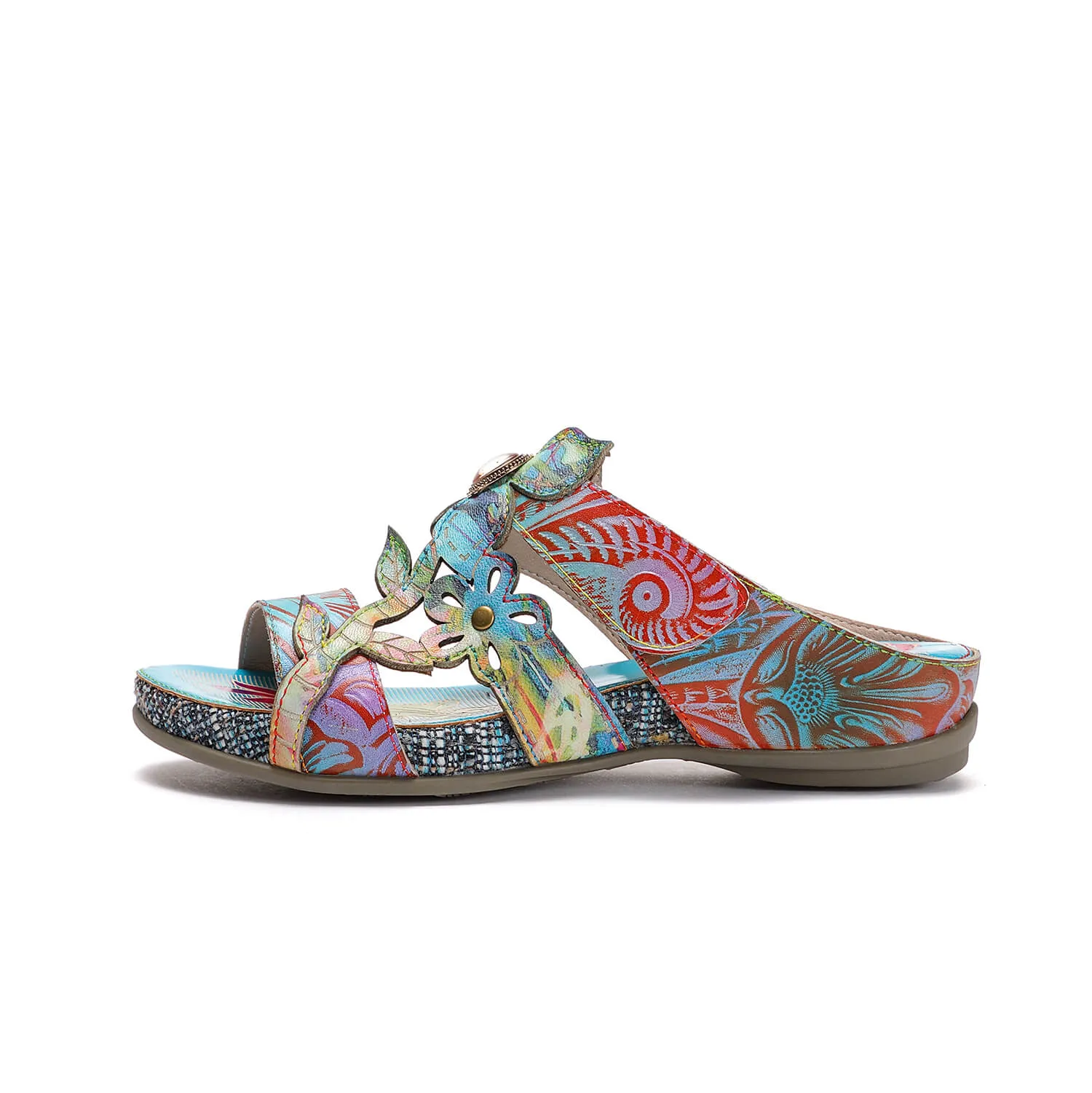 Genuine Leather Tie-Dye Garden Print Elegant Sandals Slides - Soffia