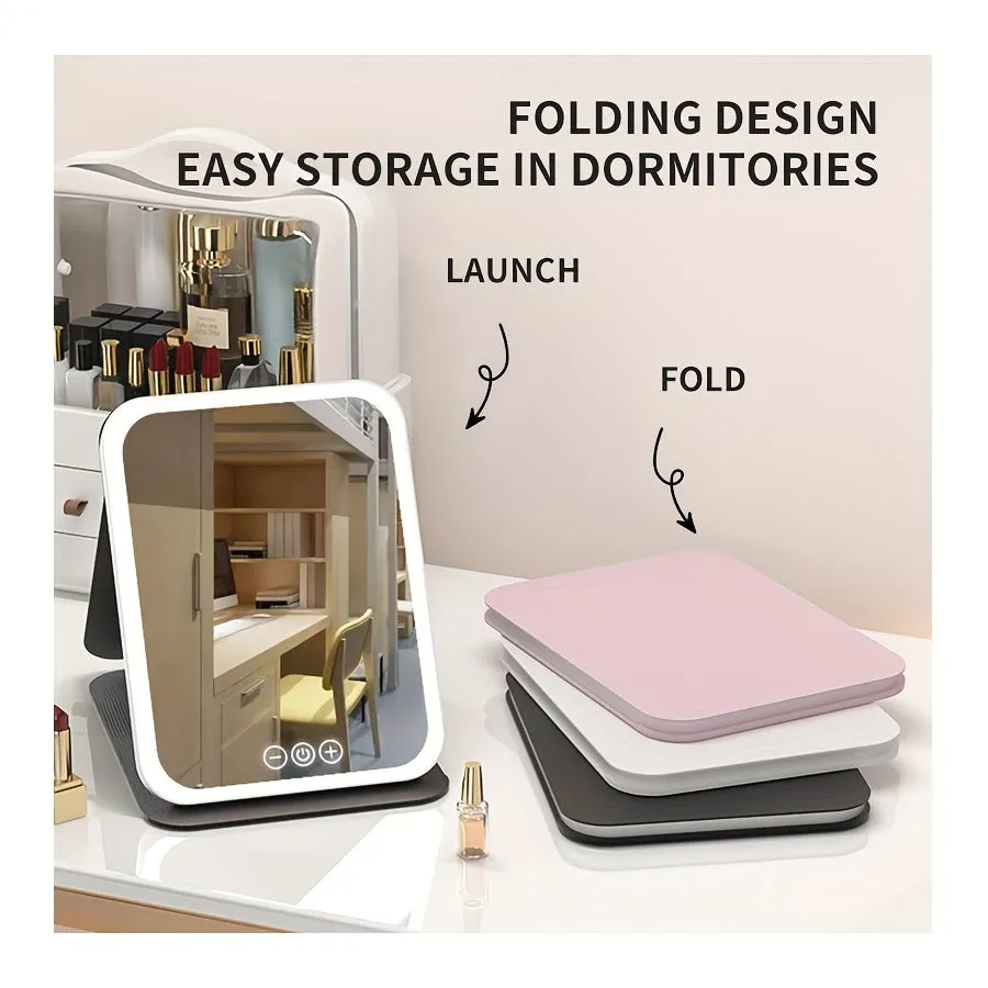 Glamour Glow Foldable LED Makeup Mirror – Rechargeable with 3-Color Lighting & Dimmable Touch Screen