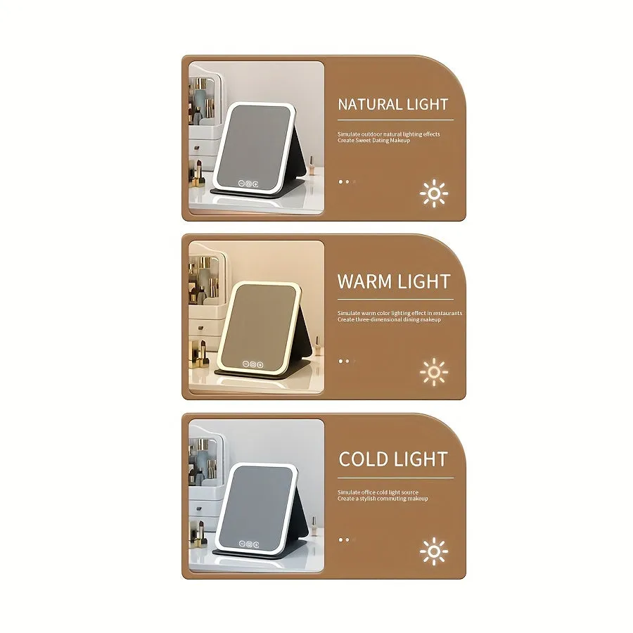 Glamour Glow Foldable LED Makeup Mirror – Rechargeable with 3-Color Lighting & Dimmable Touch Screen