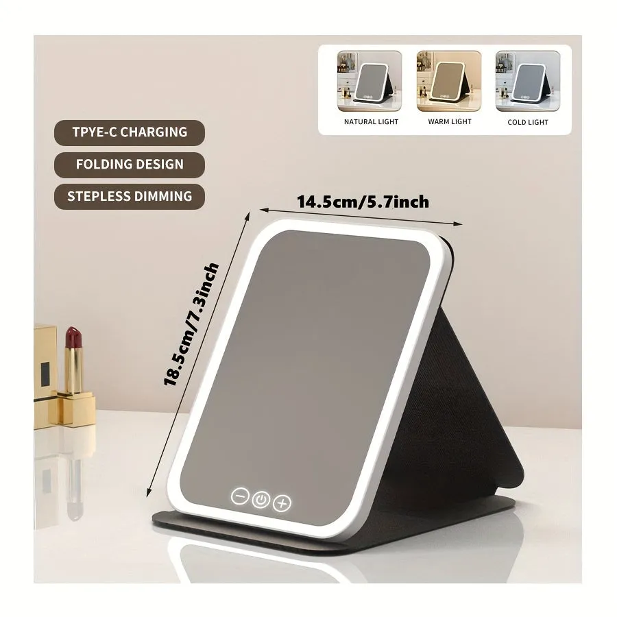 Glamour Glow Foldable LED Makeup Mirror – Rechargeable with 3-Color Lighting & Dimmable Touch Screen