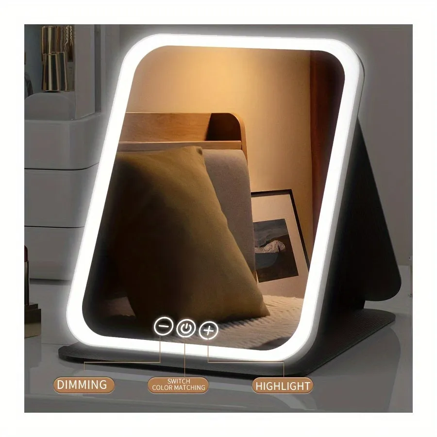 Glamour Glow Foldable LED Makeup Mirror – Rechargeable with 3-Color Lighting & Dimmable Touch Screen