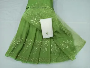 Green Kota Doria Embroidery Work Sari