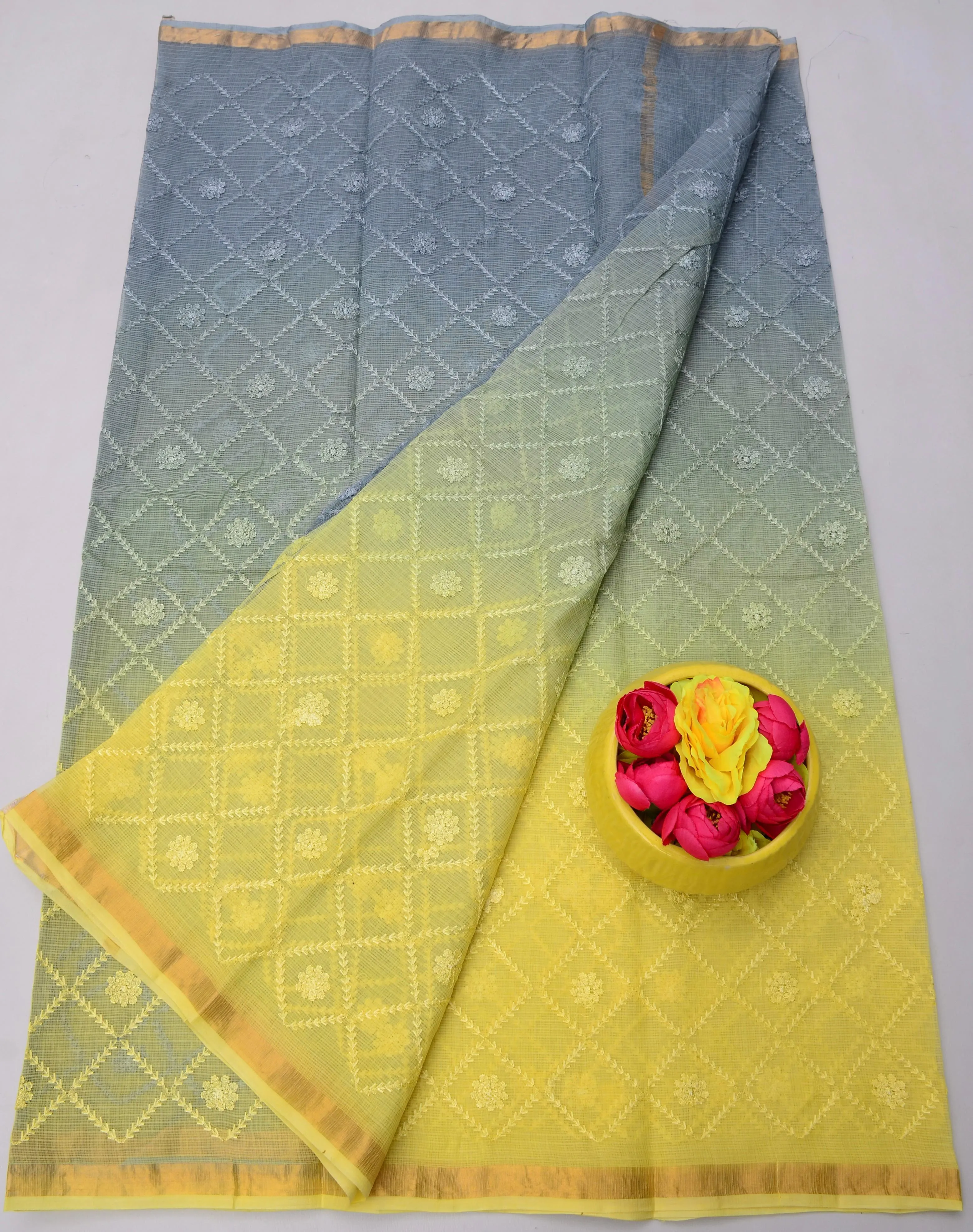 Grey & Yellow Kota Doria All Over Embroidery Work Saree
