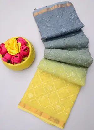 Grey & Yellow Kota Doria All Over Embroidery Work Saree