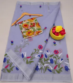Grey Kota Doria Embroidery Work Saree
