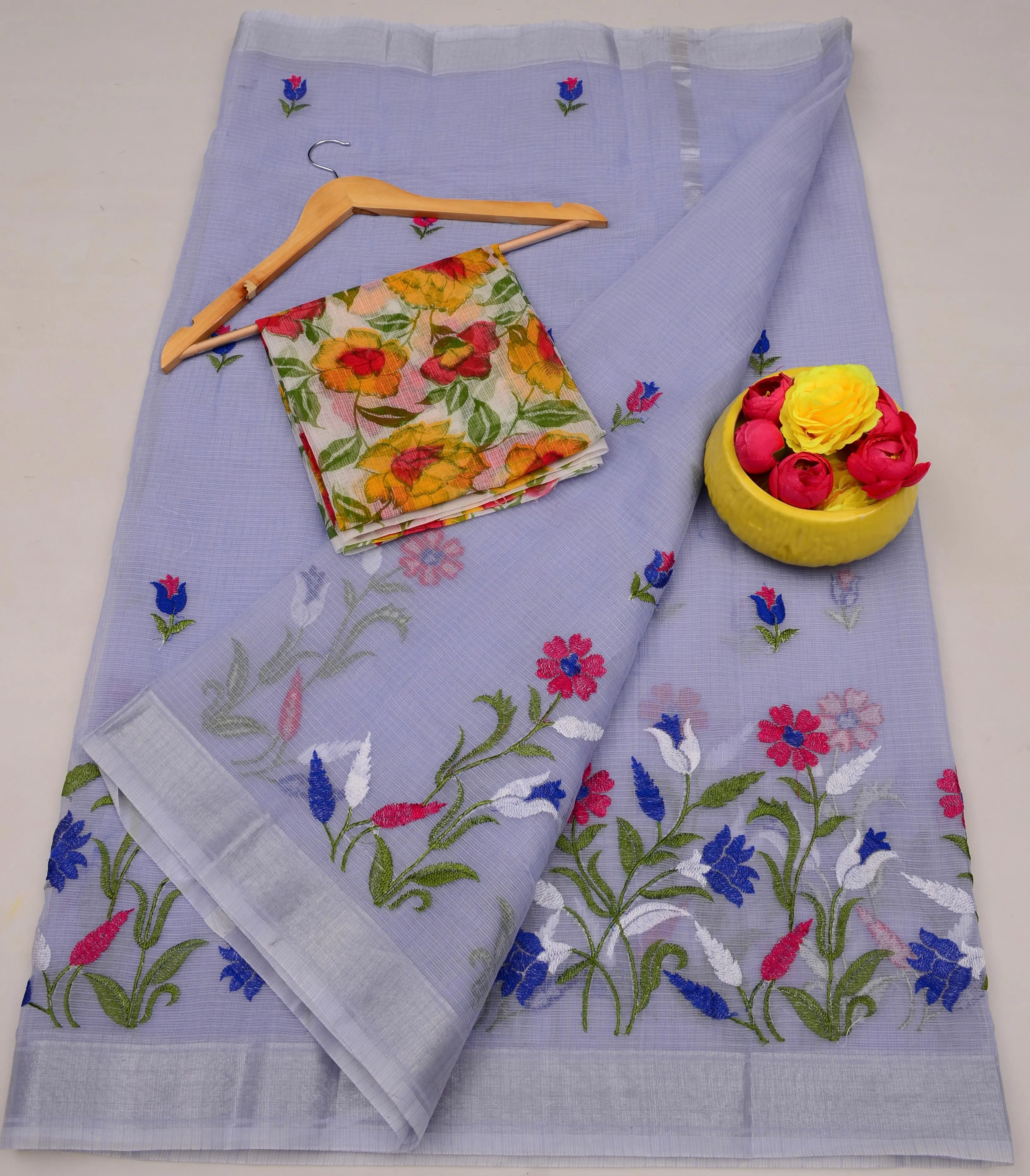 Grey Kota Doria Embroidery Work Saree