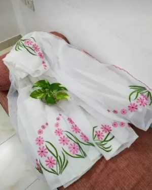 Have White Kota Doria Embroidery Work Saree