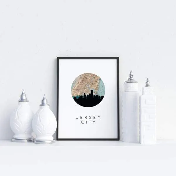 Jersey City, New Jersey city skyline with vintage Jersey City map