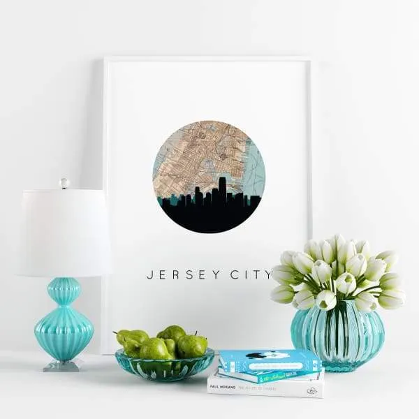 Jersey City, New Jersey city skyline with vintage Jersey City map