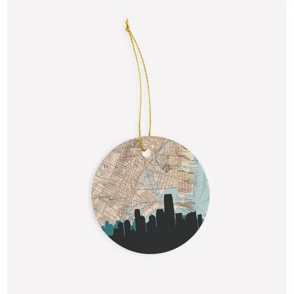 Jersey City, New Jersey city skyline with vintage Jersey City map