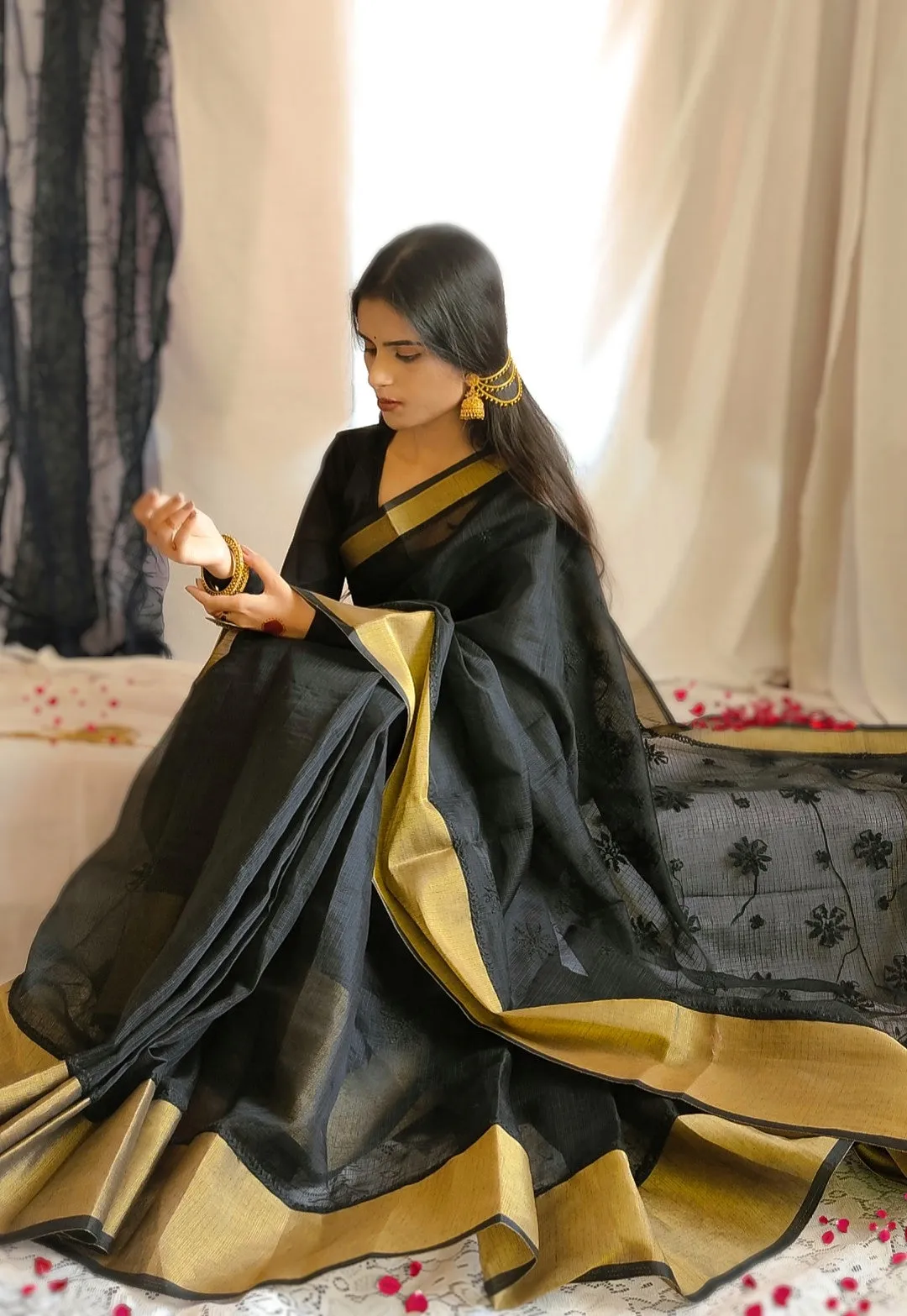 Kota Doria Chikankari Work Saree In Black