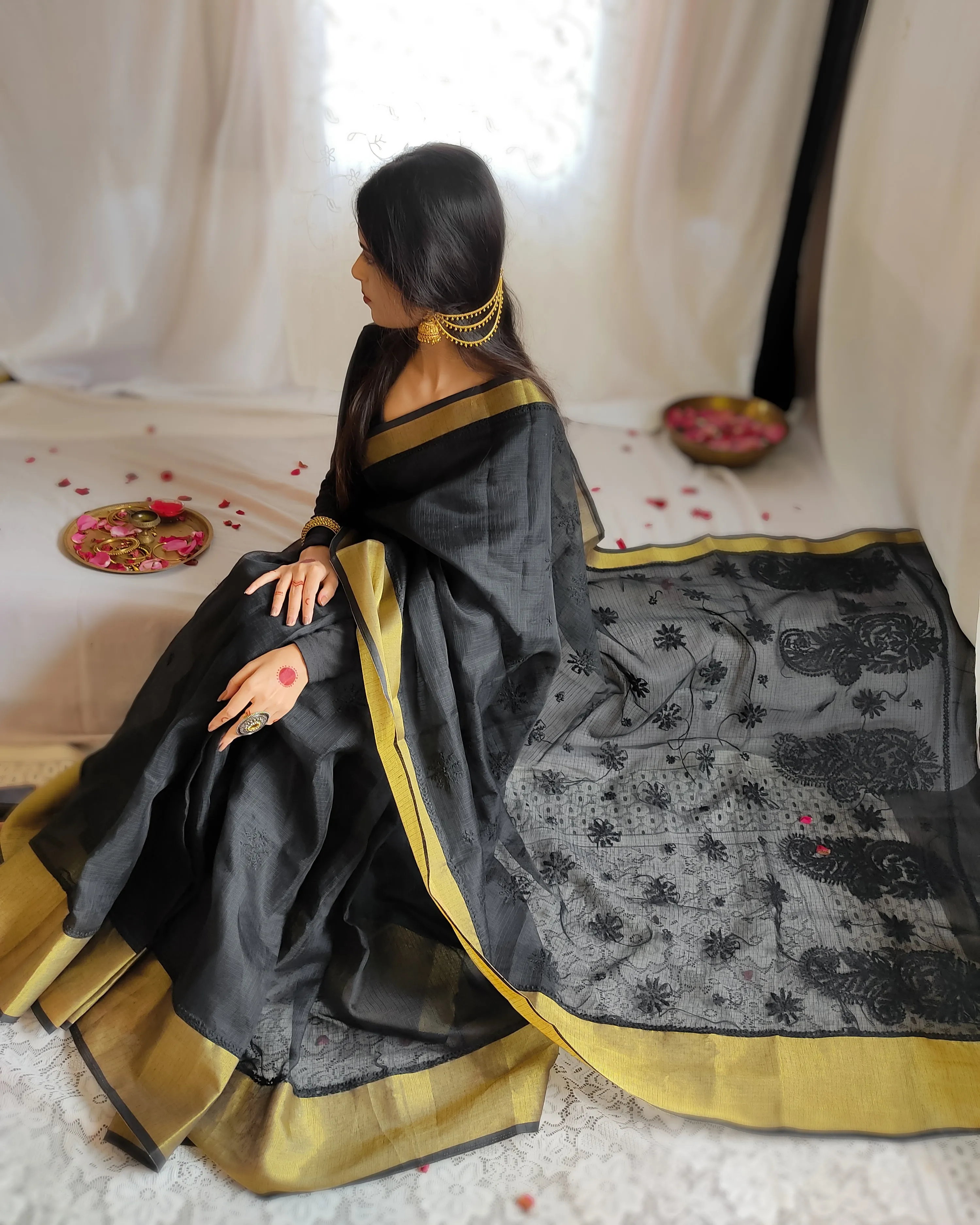 Kota Doria Chikankari Work Saree In Black