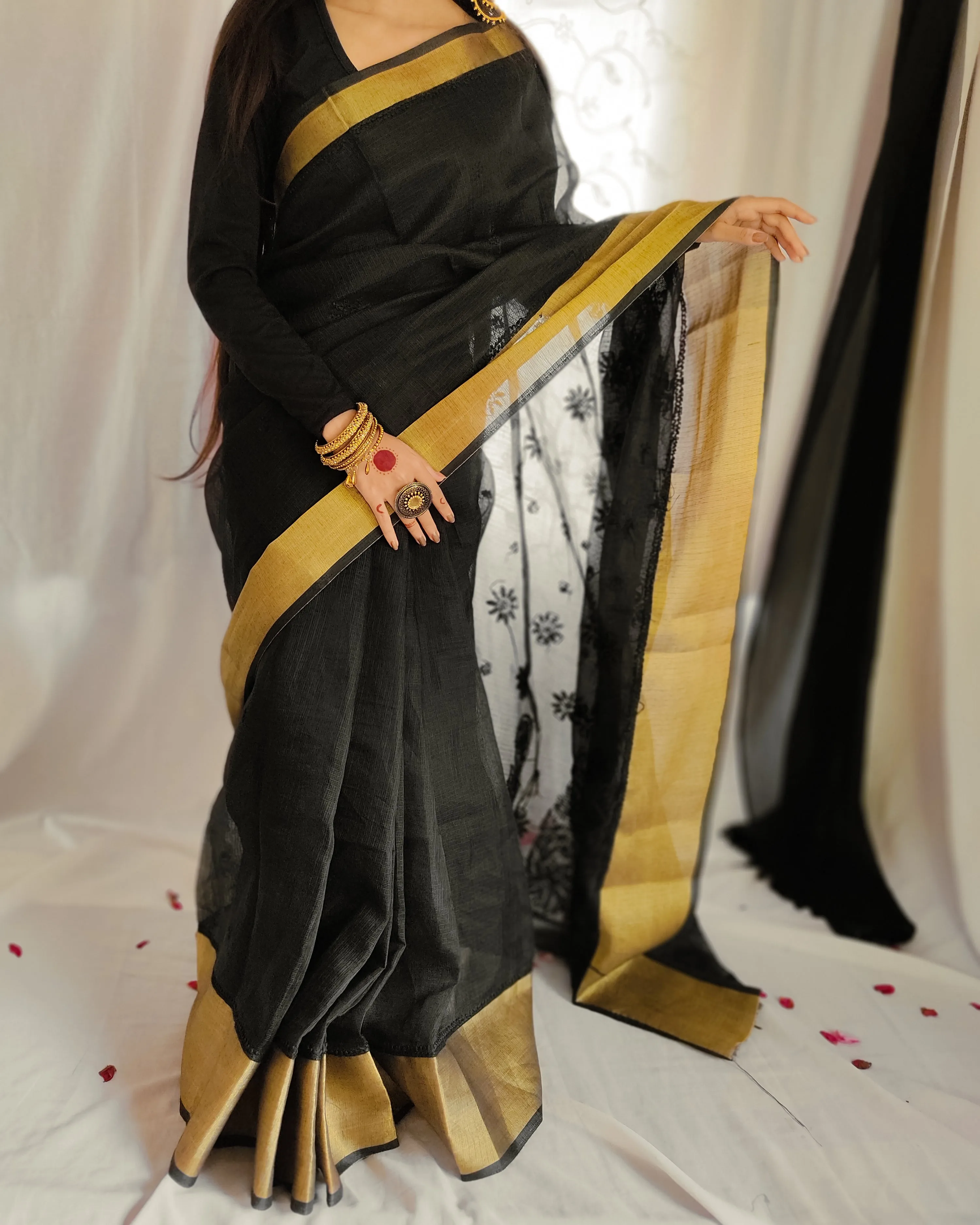 Kota Doria Chikankari Work Saree In Black