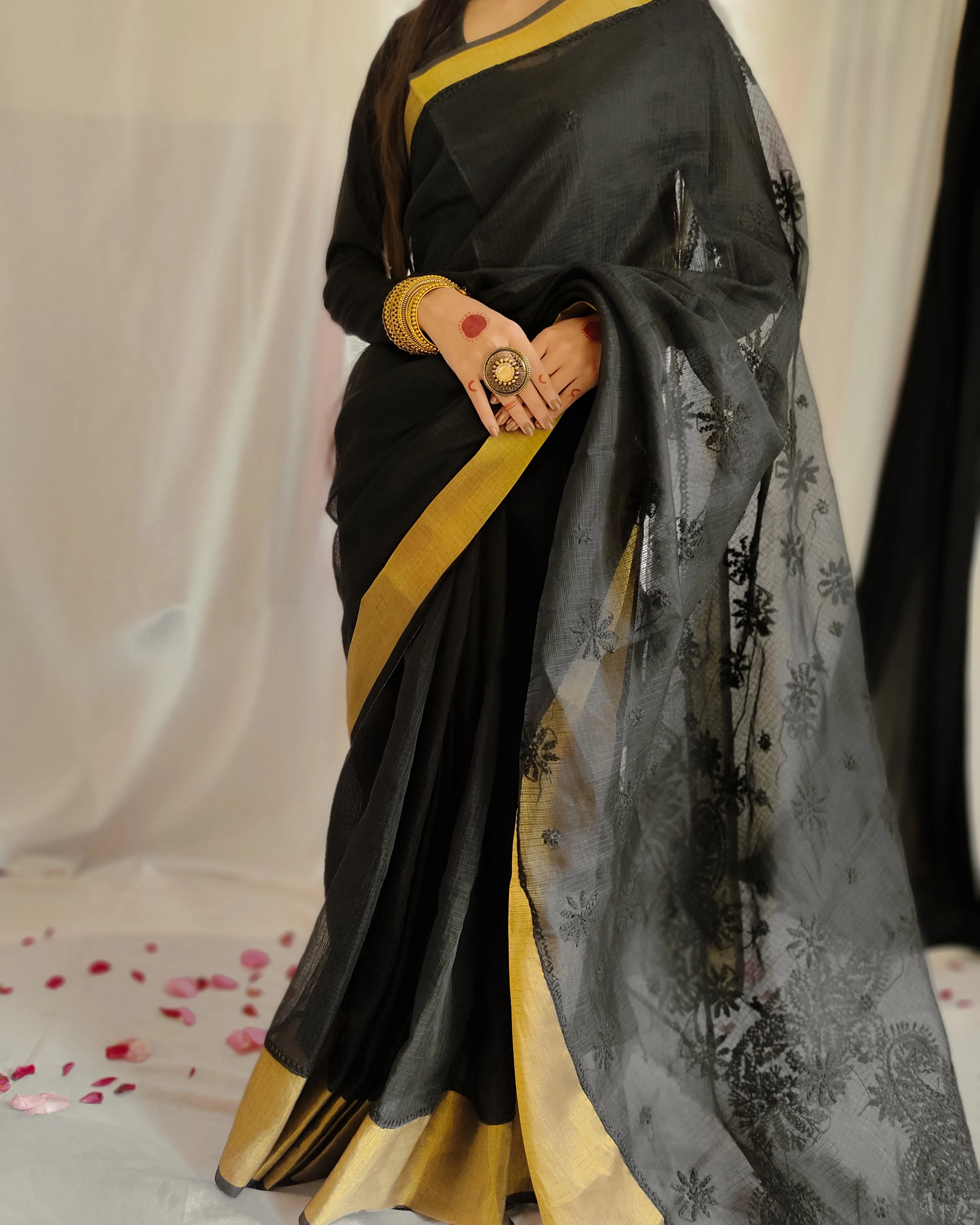 Kota Doria Chikankari Work Saree In Black
