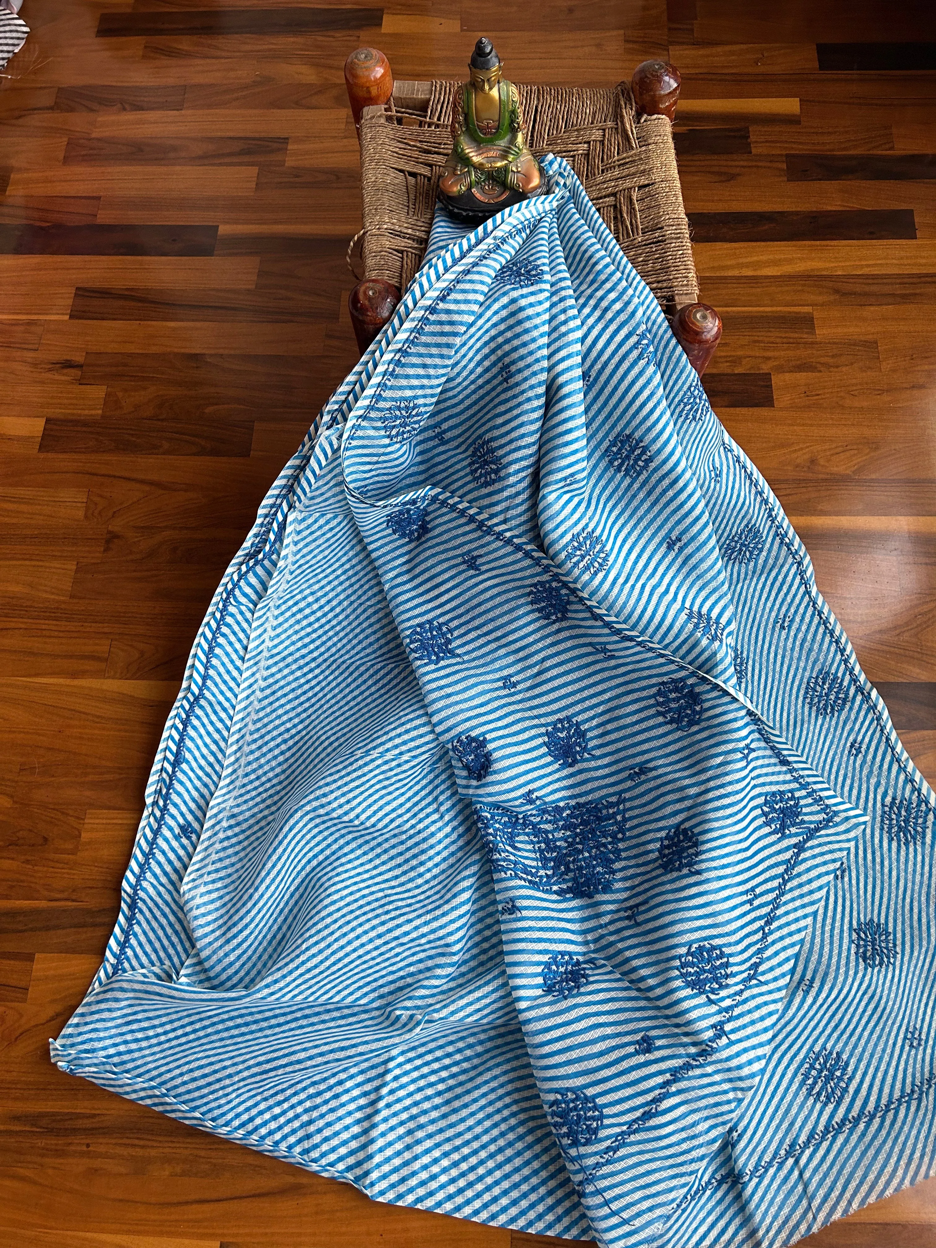 Kota Doria Chikankari Work Saree In blue