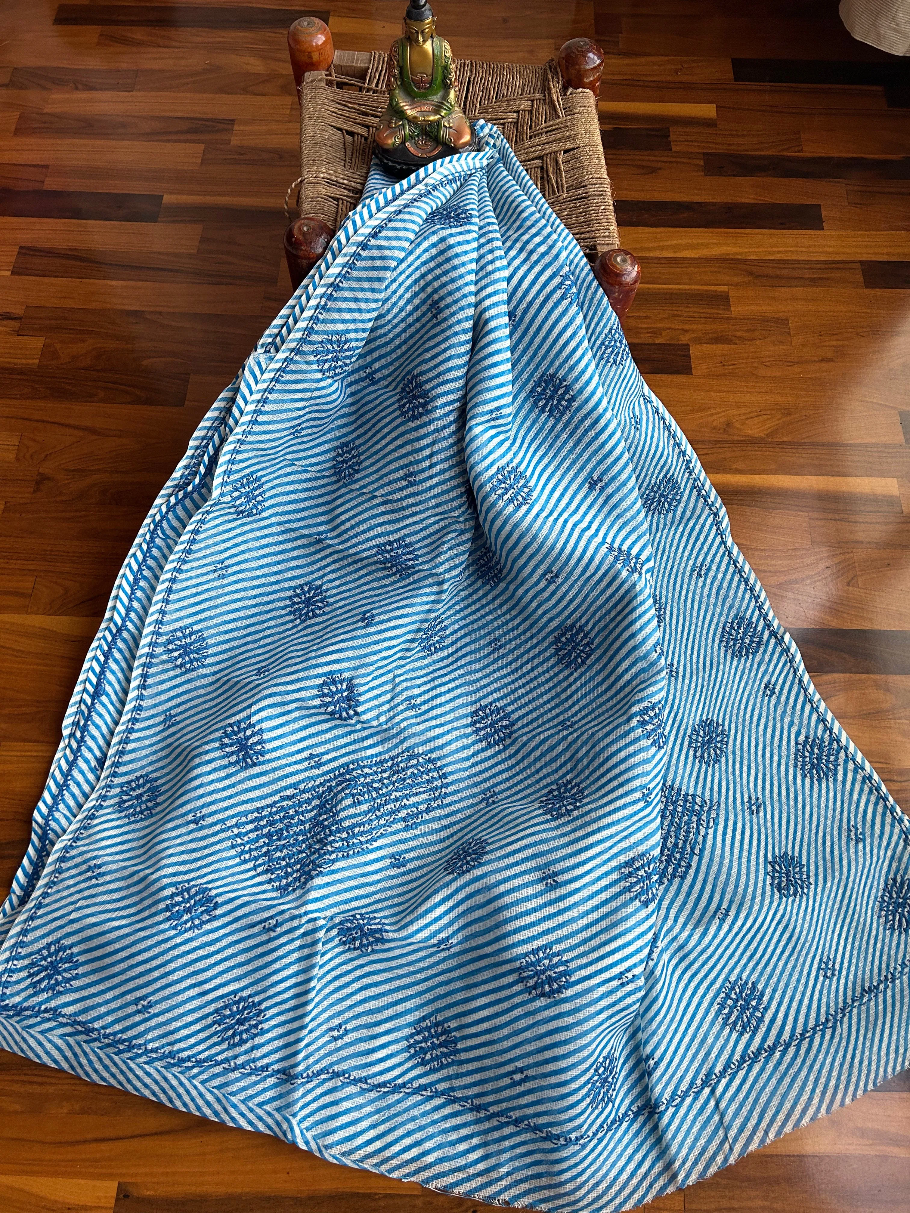 Kota Doria Chikankari Work Saree In blue