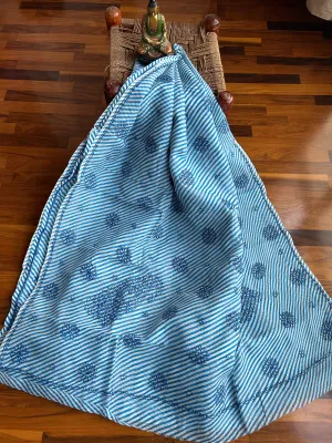 Kota Doria Chikankari Work Saree In blue