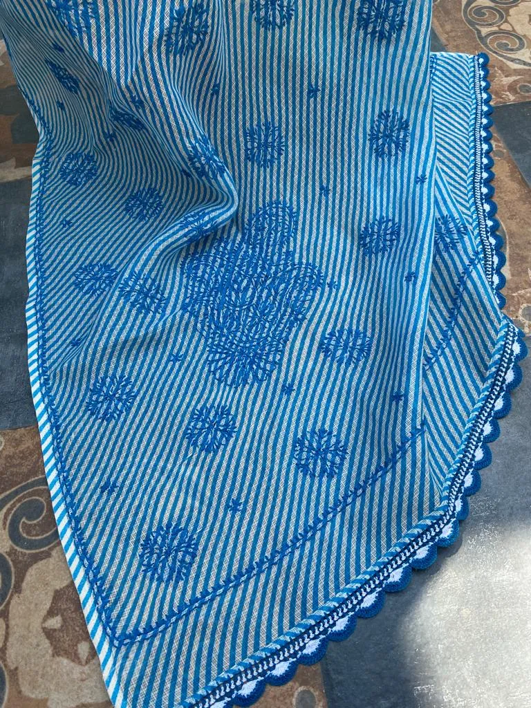 Kota Doria Chikankari Work Saree In Blue