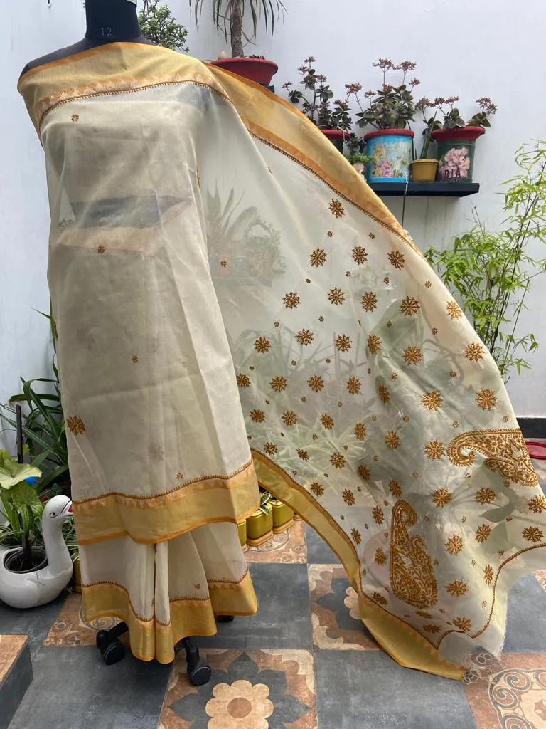 Kota Doria Chikankari Work Saree In Brown