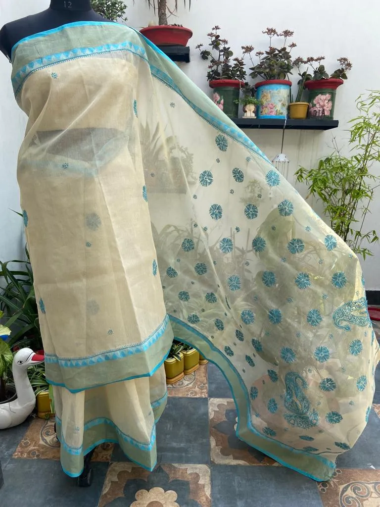 Kota Doria Chikankari Work Saree In Cream