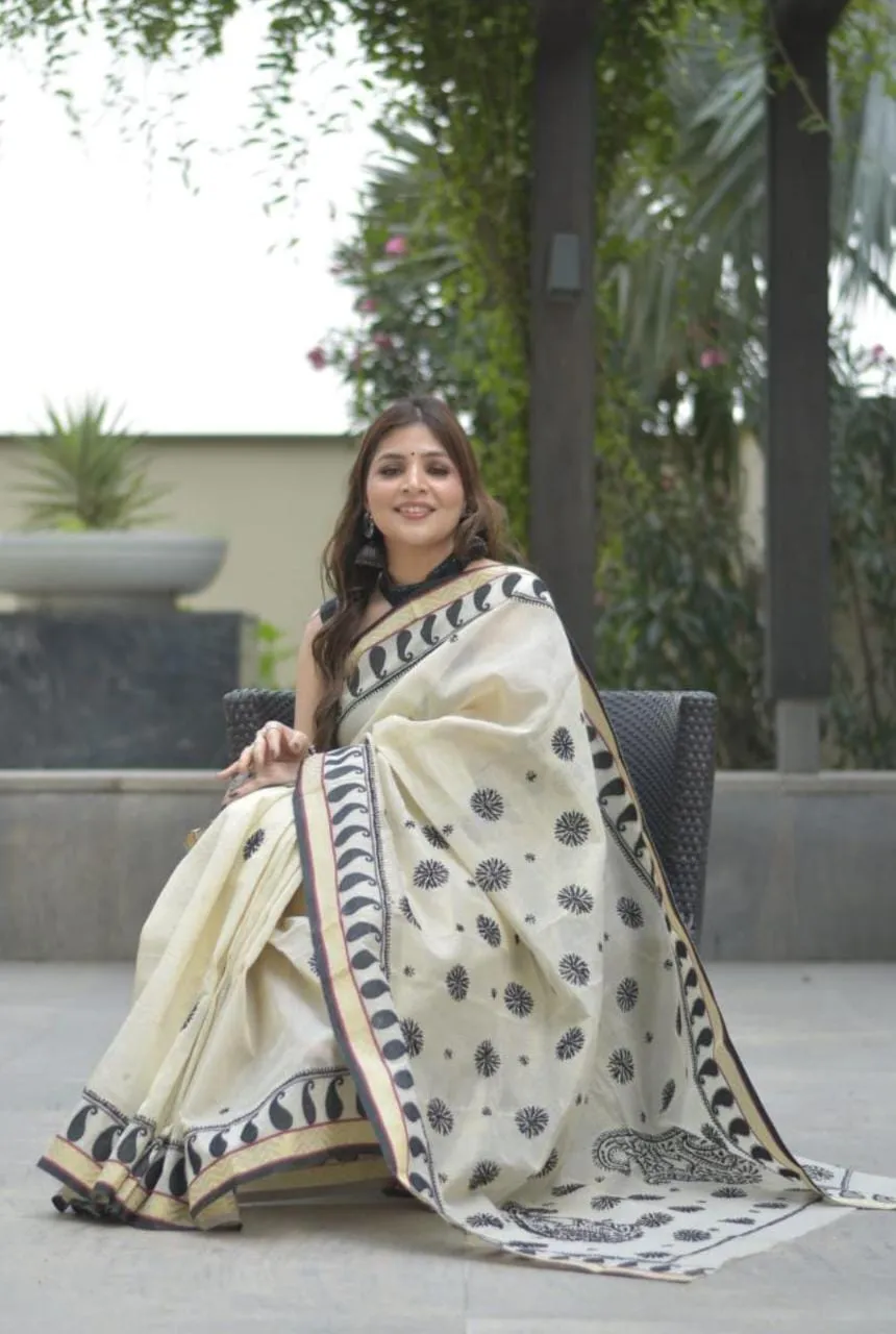 Kota Doria Chikankari Work Saree In Cream