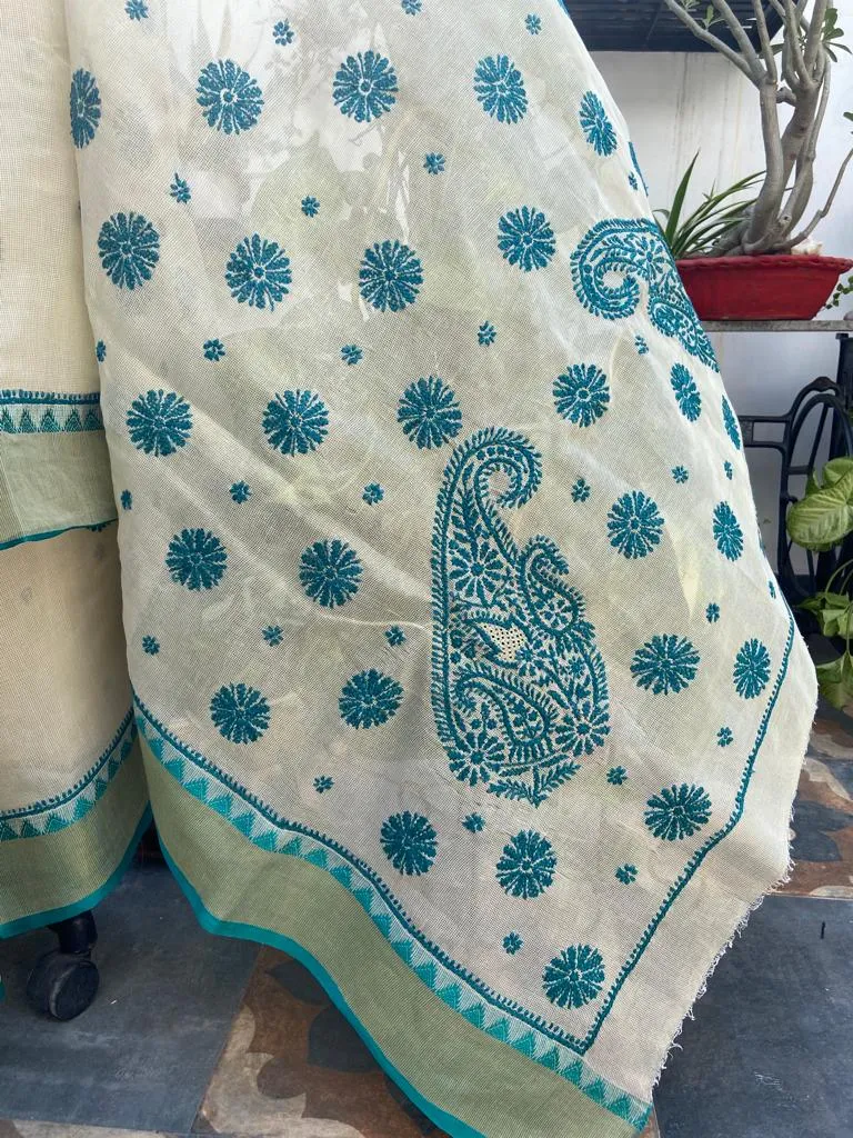 Kota Doria Chikankari Work Saree In Cream