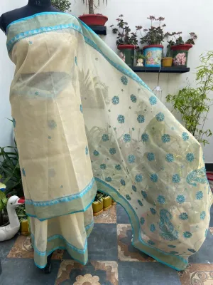 Kota Doria Chikankari Work Saree In Cream