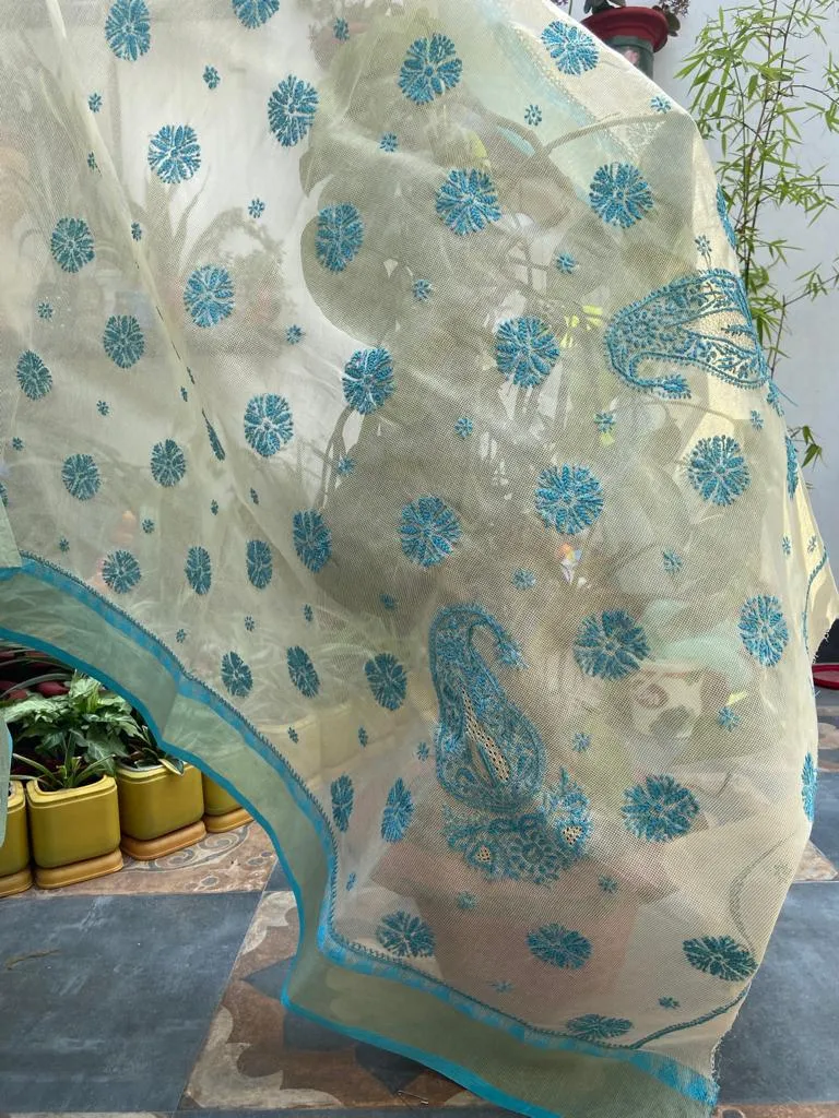Kota Doria Chikankari Work Saree In Cream