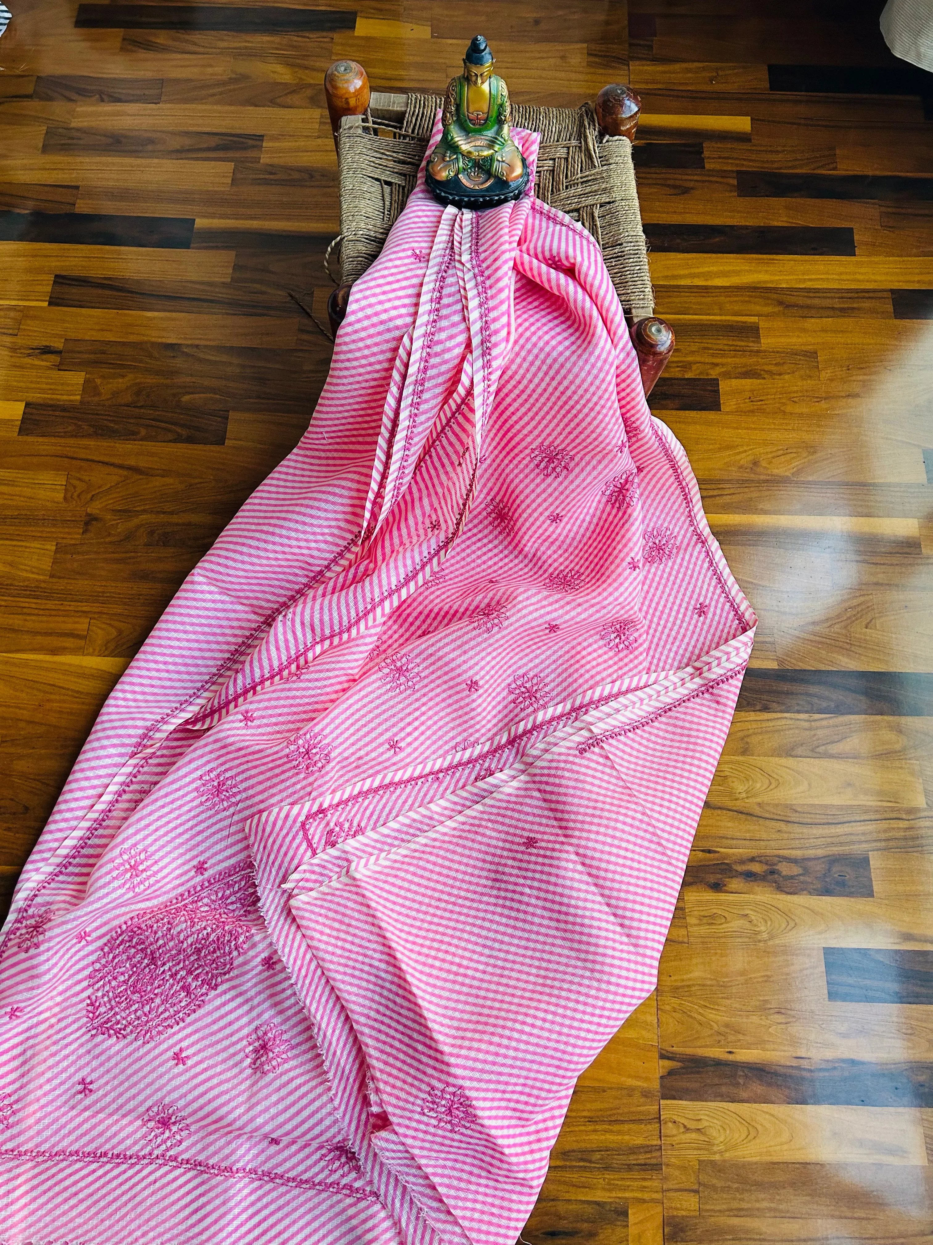 Kota Doria Chikankari Work Saree In pink