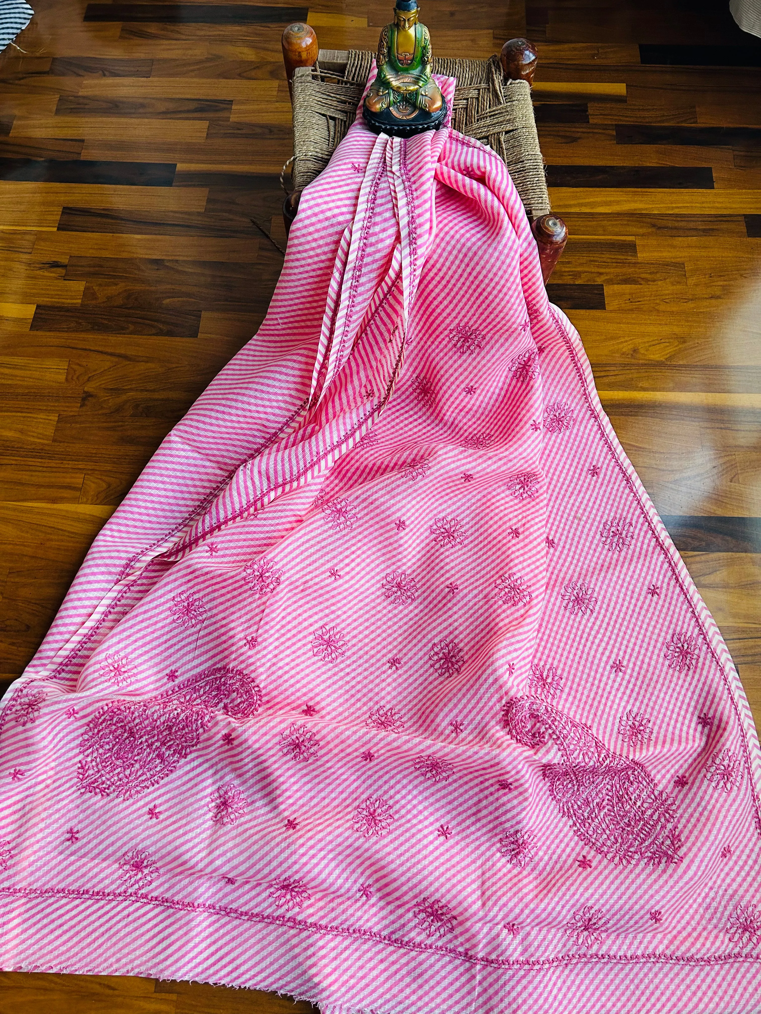 Kota Doria Chikankari Work Saree In pink