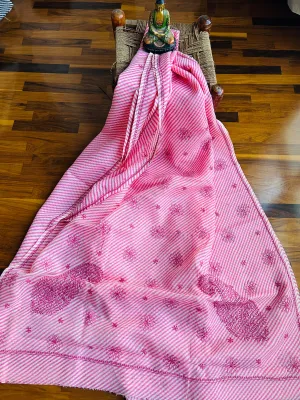 Kota Doria Chikankari Work Saree In pink