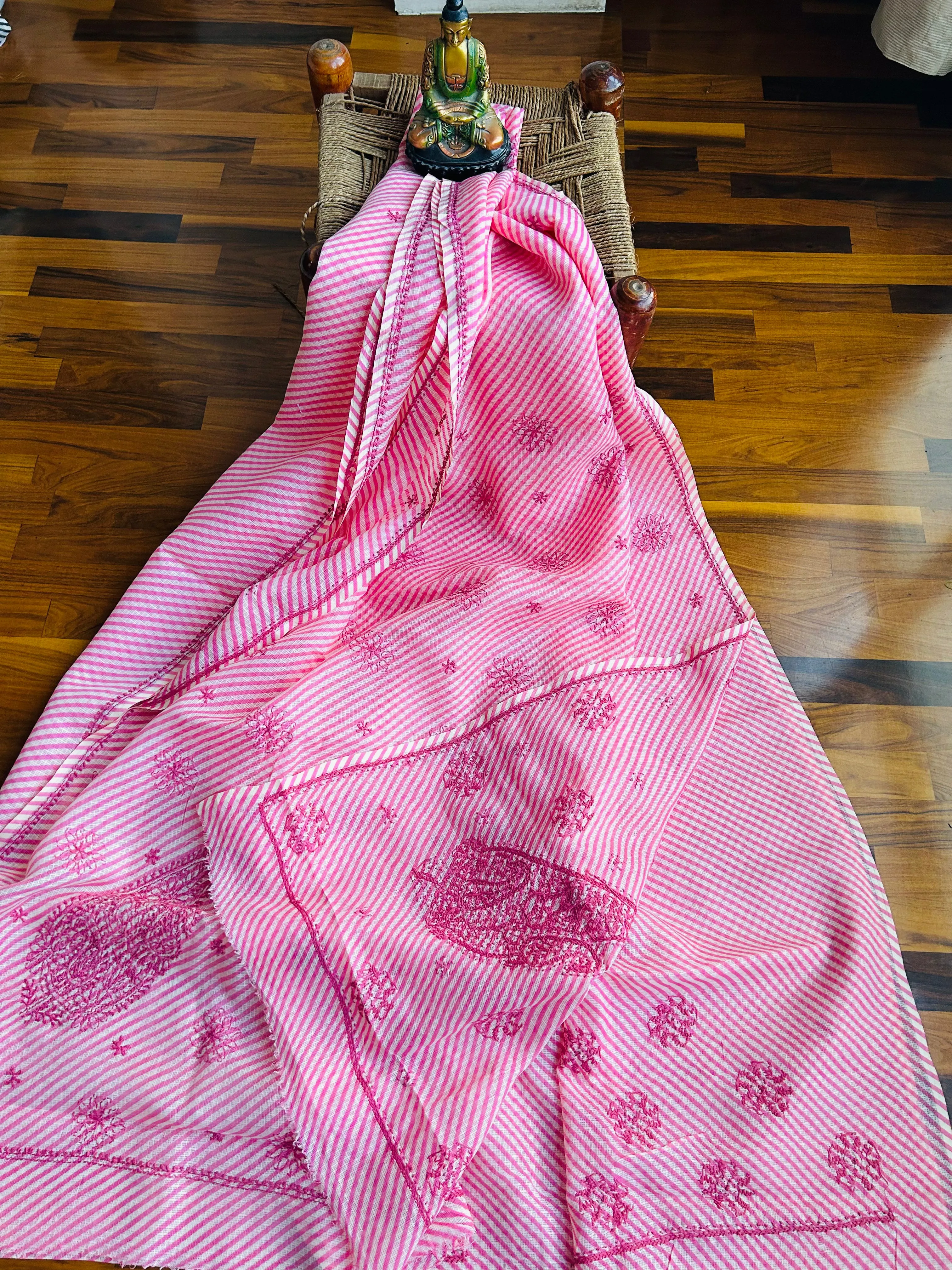 Kota Doria Chikankari Work Saree In pink