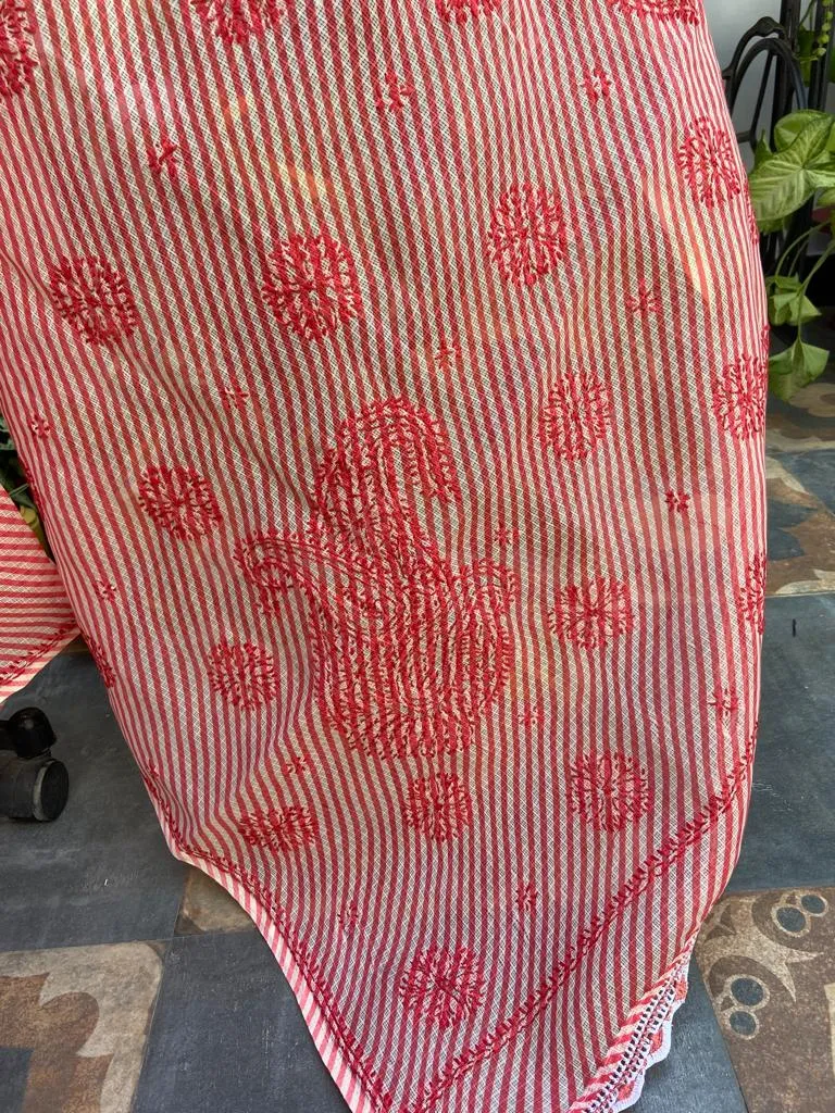Kota Doria Chikankari Work Saree In red