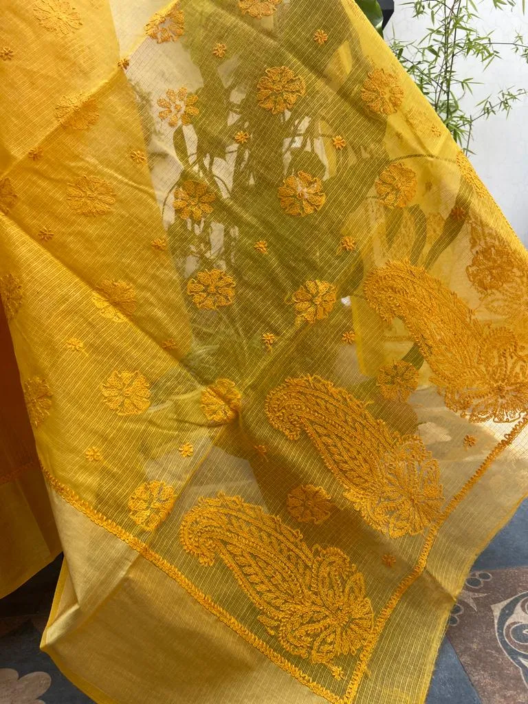 Kota Doria Chikankari Work Saree In Yellow