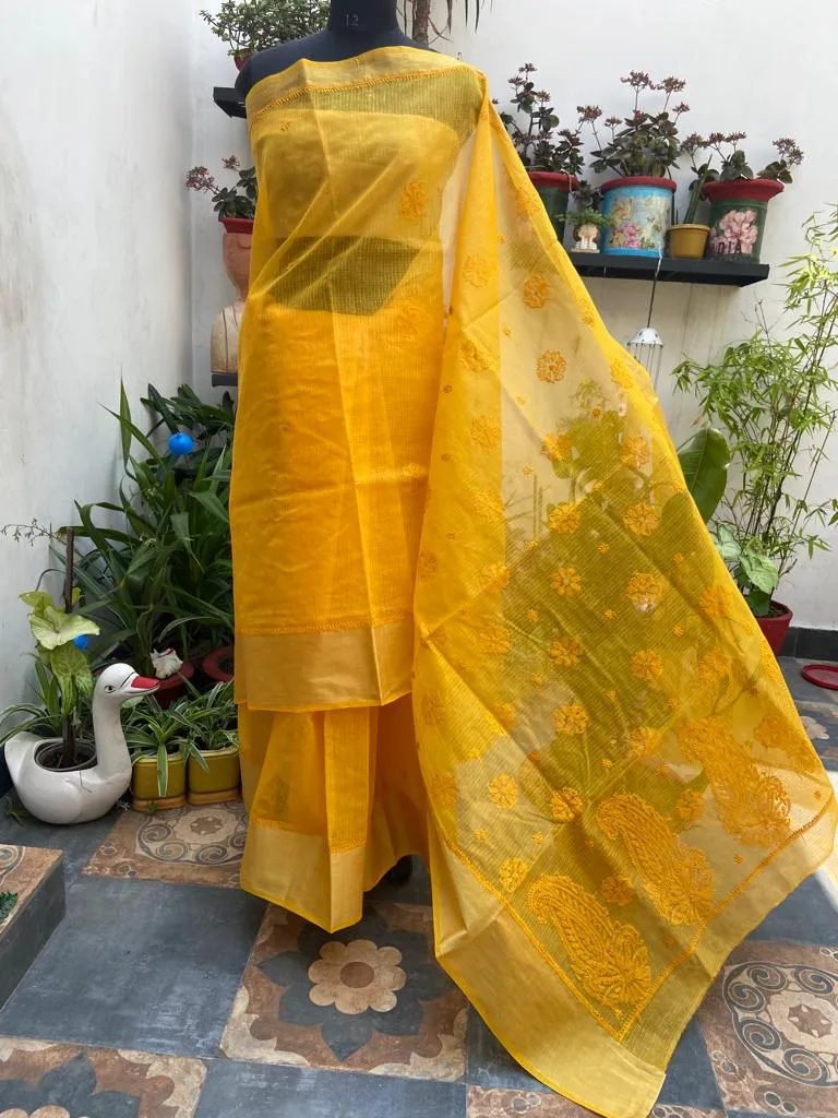 Kota Doria Chikankari Work Saree In Yellow
