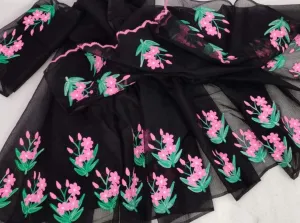 Kota Doria Embroidery Work Sari In Black