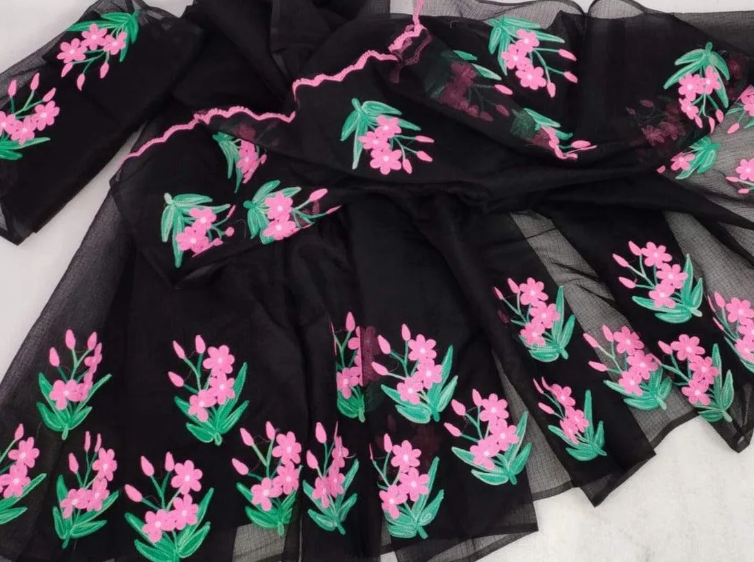 Kota Doria Embroidery Work Sari In Black