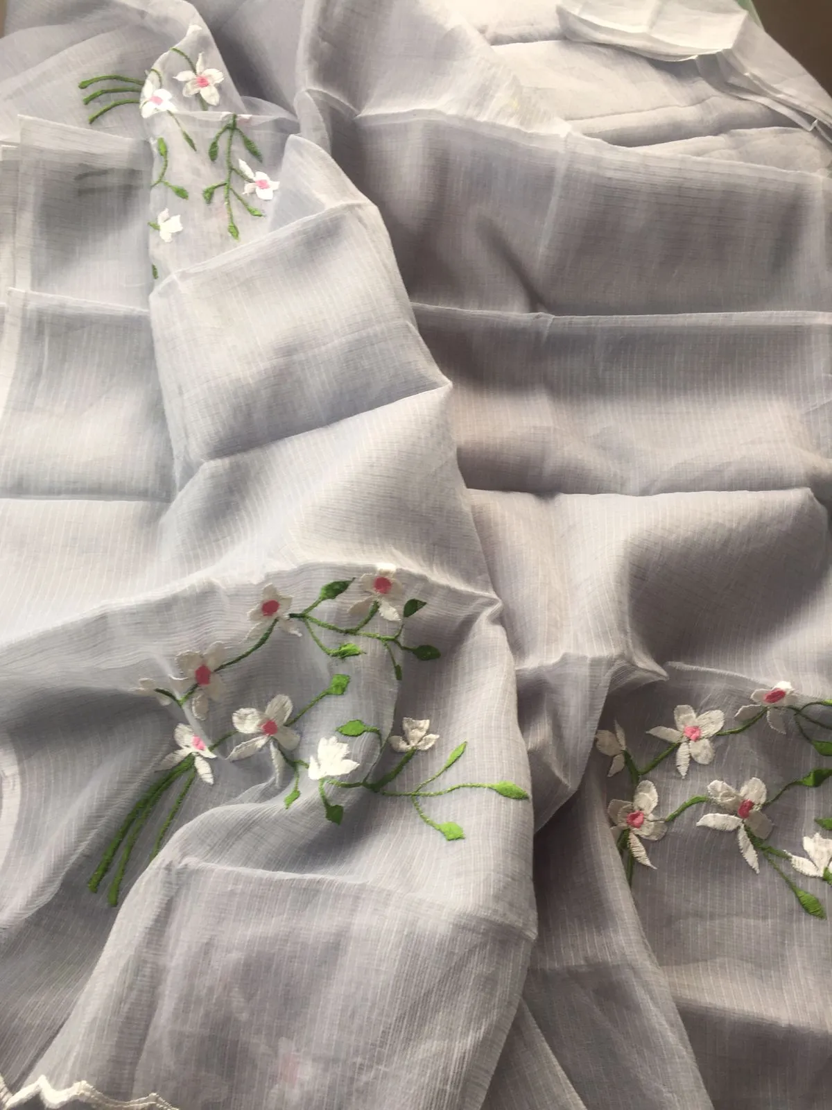 Kota Doria Embroidery Work Sari In grey